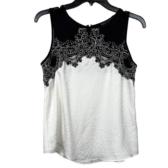White House Black Market Top Size 2 Black White Leopard Lace Satin Mesh Classy - Picture 2 of 11